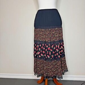 MICA Vtg Black Floral Tiered Maxi Skirt 8 Semi-Sheer Whimsygoth Fairy Goth Lined